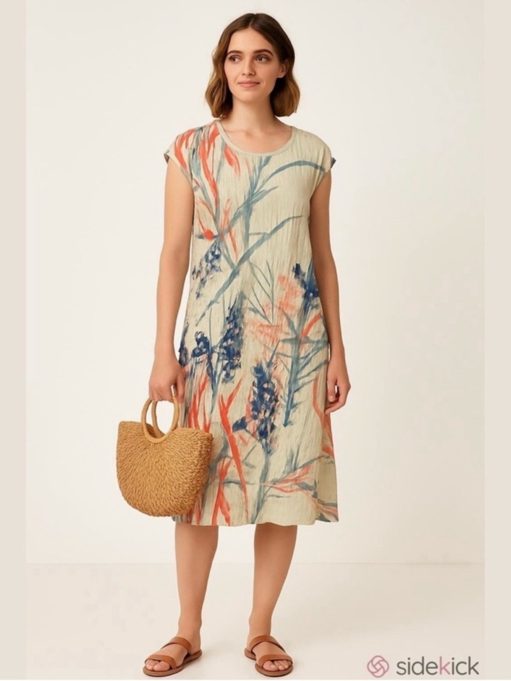 Sandwich Floral Pleated Midi Dress M Botanical Print Lagenlook Art to Wear